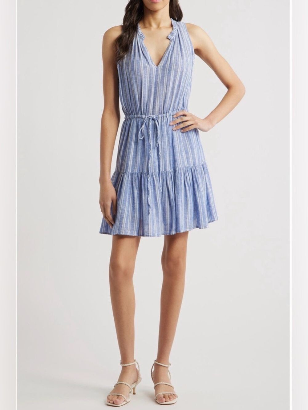 Rails Women’s Dress XL Blue White Striped Ruffle V-Neck Tiered Drawstring
